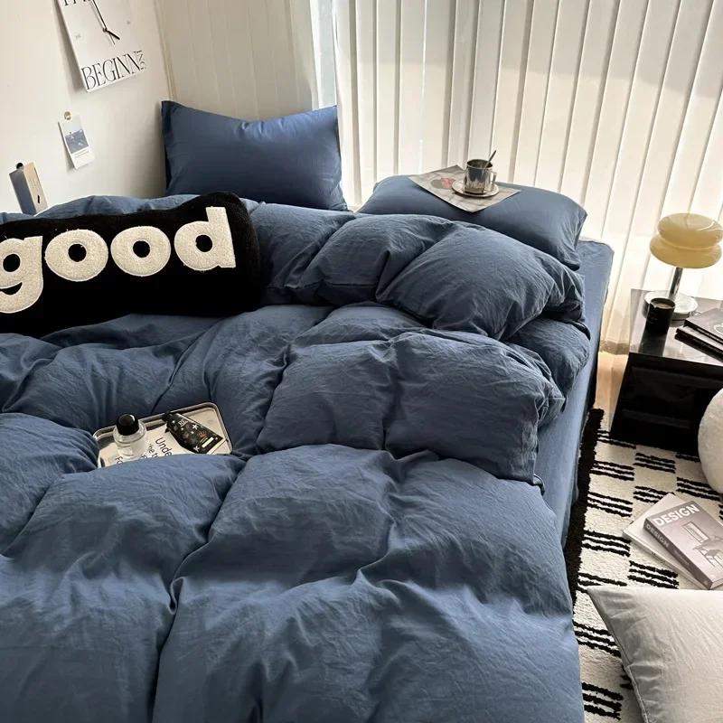 Washed Cotton Bed Linen Bedding Set 3/4 Pieces Bed Sheets Set Solid Color Comforter Cover Couple Queen King Size Bed Quilt Cover