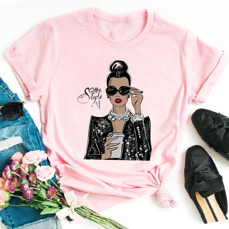 Summer Fashion Coffee Girl Urban Base Shirt Round Neck Pure Cotton Short Sleeved Women's T-Shirts Women’s