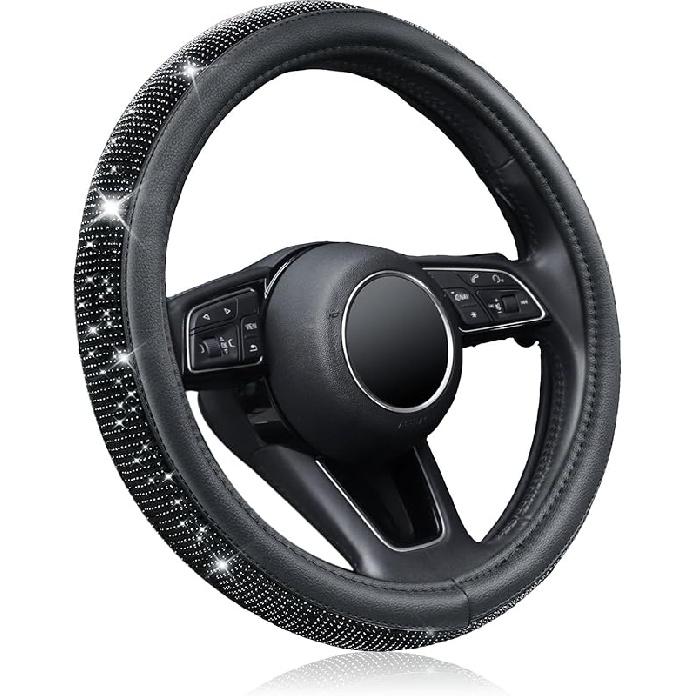 KAFEEK Diamond Leather Steering Wheel Cover With Bling Bling Crystal Glitter Rhinestones, Universal 15 Inch, Car Accessories For Women Girl, Black