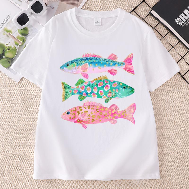Preppy Fish Tshirt Unisex Summer Coastal Fish Beach Tshirts Causal Round Neck Printed Cotton Short Sleeve T Shirts Unisex Tops