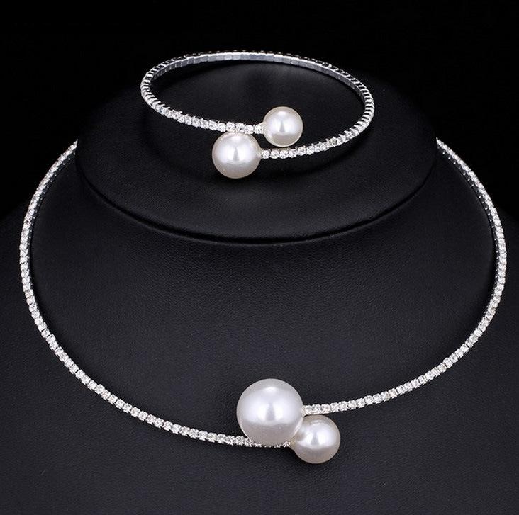 Wedding Necklace and Bangle Set Imitation Pearl Decor Full Rhinestones Jewelry for Ladies and Mother Decoration