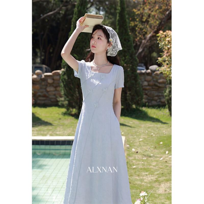 Luxiangnan Women s French Style Blue Summer Dress M
