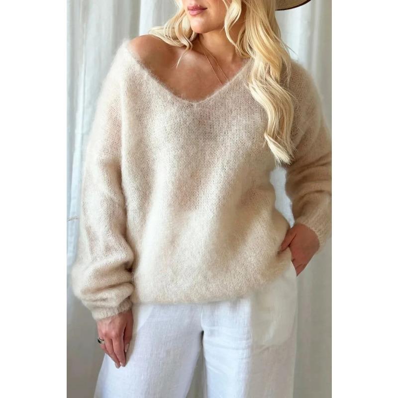V-neck Long Sleeved Pullover Casual Sweater Women Autumn Winter Knitted Jumper Fashion Solid Color Loose Thin Clothes