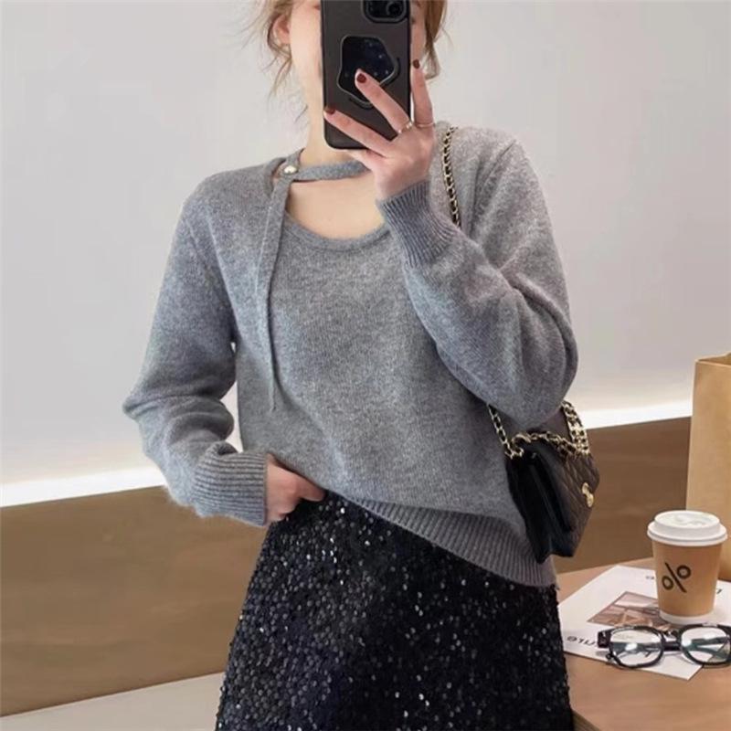 

Пуловер из мягкой енотовой шерсти в корейском стиле с квадратным вырезом и лентой - Женский осенний нежный пушистый базовый слой One Size серый