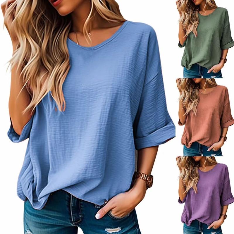 Women's Summer Round Neck Five Quarter Sleeve Solid Color Casual Pullover T-shirt