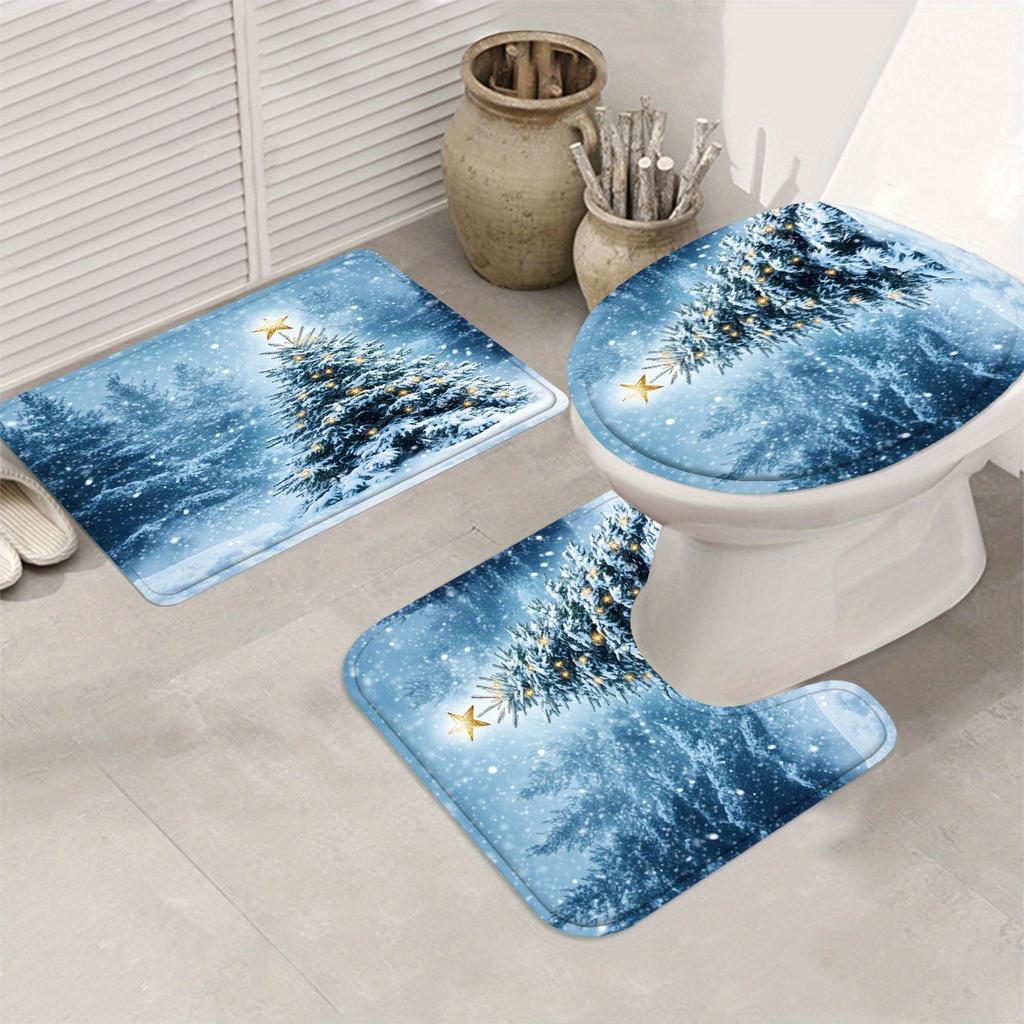 4-teiliges Badezimmer-Duschvorhang-Set Weihnachtsszene Wintermuster Badezimmervorhang mit 12 Haken Rutschfeste Teppiche Toilettendeckelmatte Badezimmerabtrennung