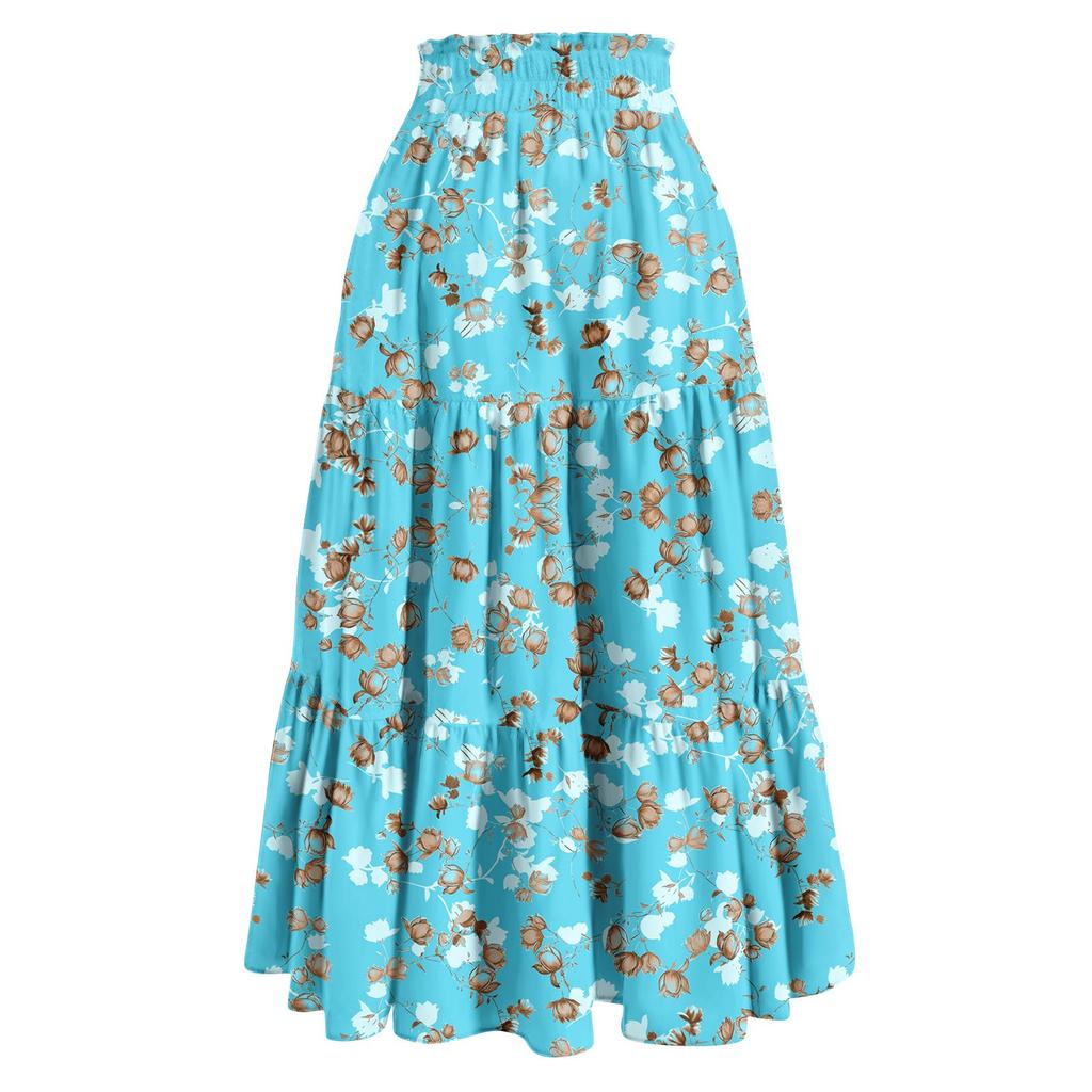 Women's Ruffled Spring Casual Long Skirt Plain Color Skirt Retro Pleated Skirt