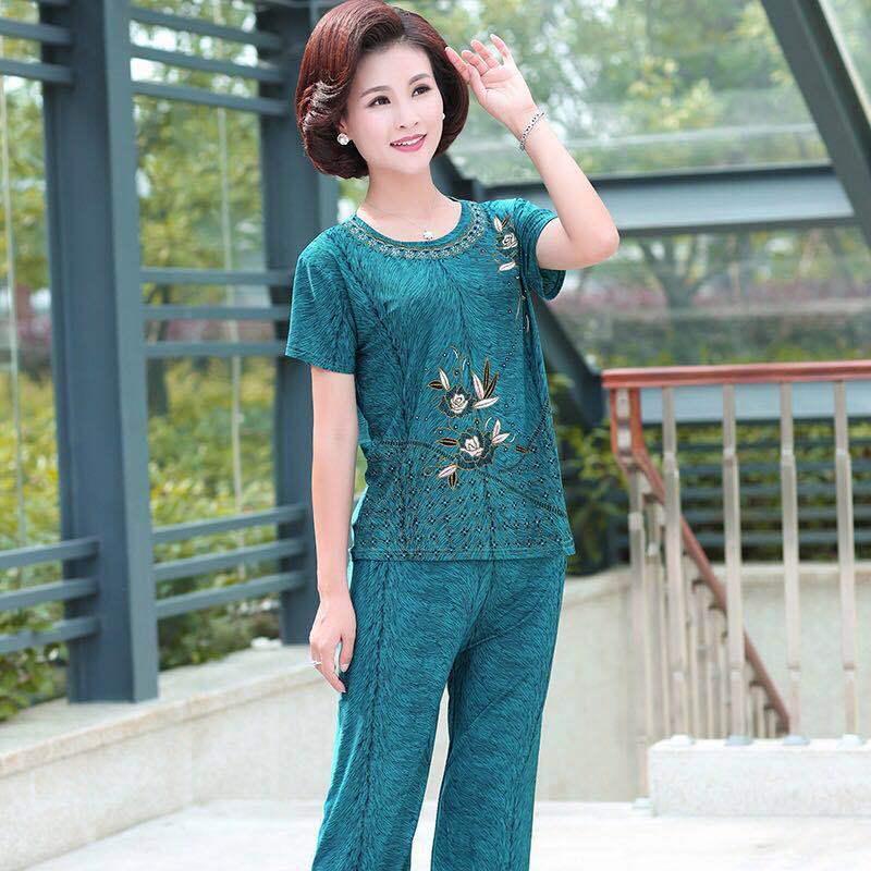2024 Summer Plus-Size Imitation Ice Silk Two-Piece Suit for Middle-Aged & Elderly Women