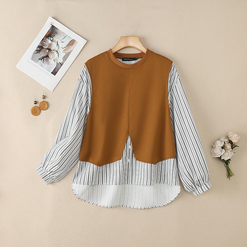 ZANZEA Women Casual Stripe Patchwork Long Sleeve Loose Pullover Blouse