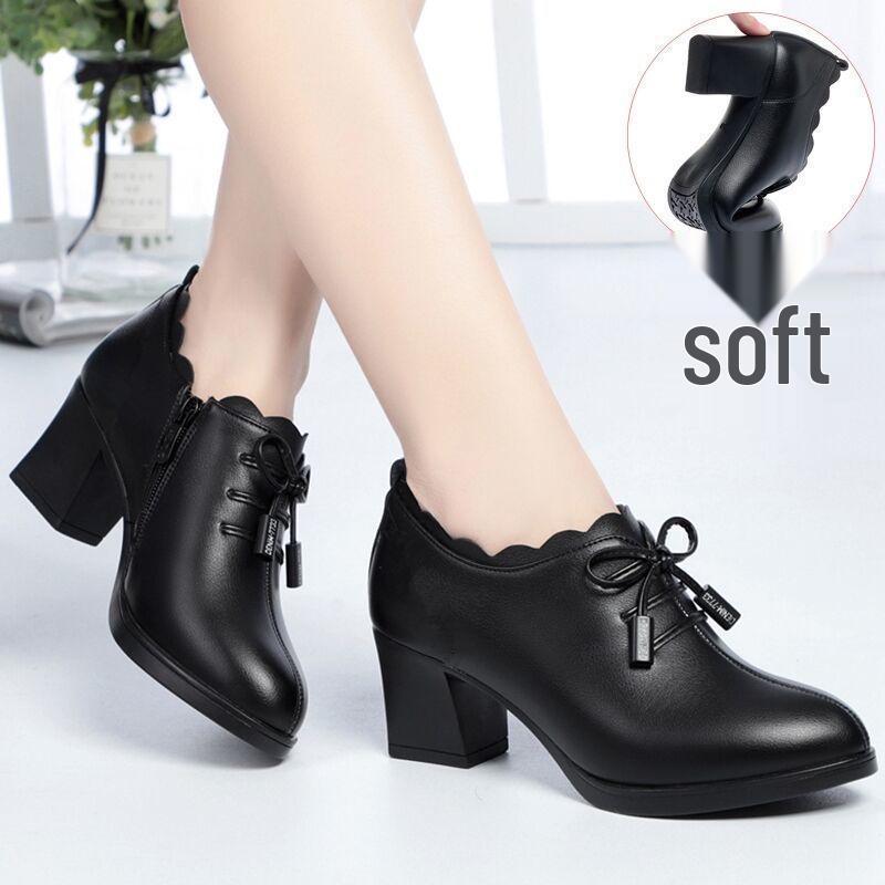 Spring 2023 Leather Bow Mid-Heel Shoes for Women