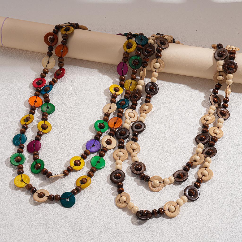 Vacation Style Coconut Shell Wood Beaded Multilayer Sweater Chain Bohemian Necklace