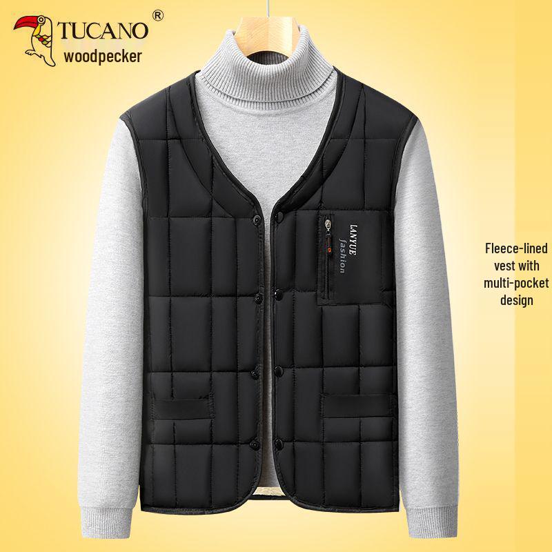 Men's Woodpecker Autumn/Winter Sleeveless Jacket - Middle-aged Dad's Thick, High-grade Cotton Vest.