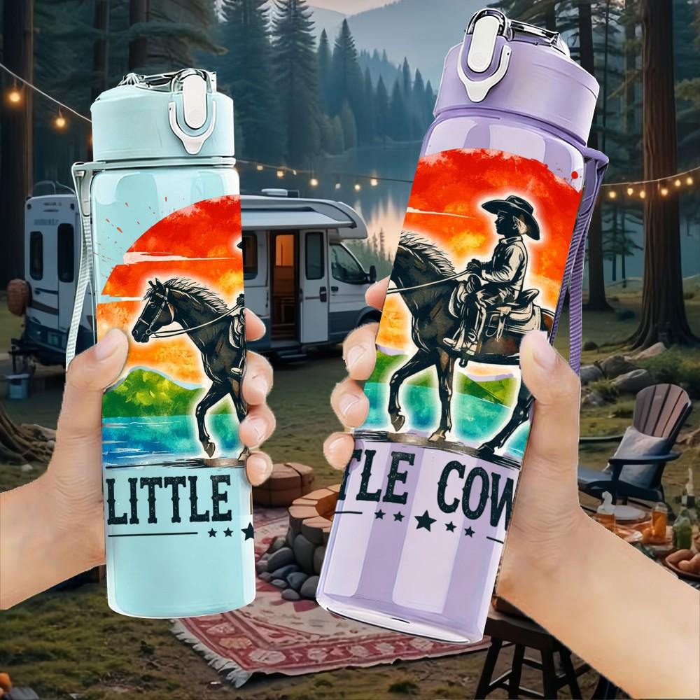 1PC Little Cowboy Horse Rider Western Print 750ml Color Plastic Sports Water Bottle Leakproof Flip Straw Lid Suitable for Sports Office Home Use