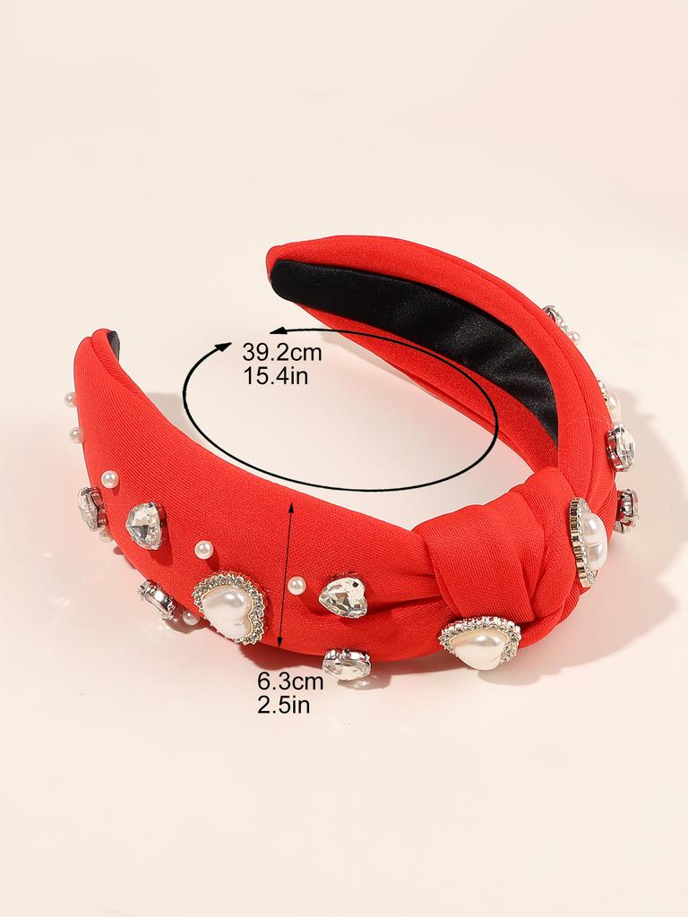 Valentine’s Day Headbands for Women Pearl Rhinestone Hairband Knotted Heart Crystal Head Band Non Slip Wide Top Knot Headband