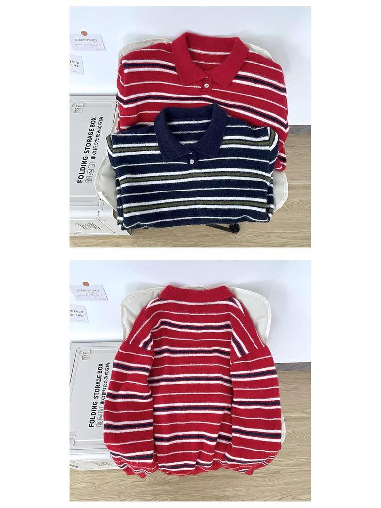 Men's Autumn/Winter High-End Retro Polo Collar Striped Mink Fur Sweater