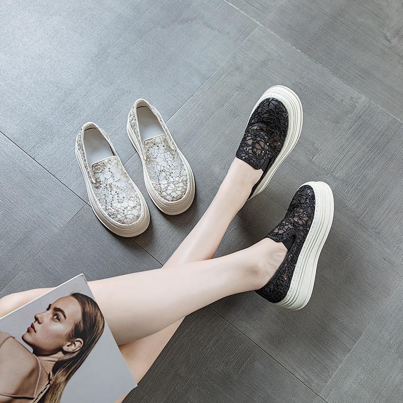 Women's Summer New Mesh Shoes Thick-soled Breathable and Heightened Mesh Yarn One-pedal Lace Sequined White Shoes