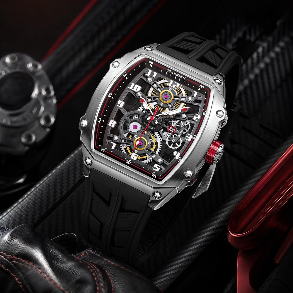 STARKING MIYOTA 6T15 Automatic Mechanical Watch Skeleton Dial Silicone Band Waterproof Luminous Tonneau Design Men's Wristwatch