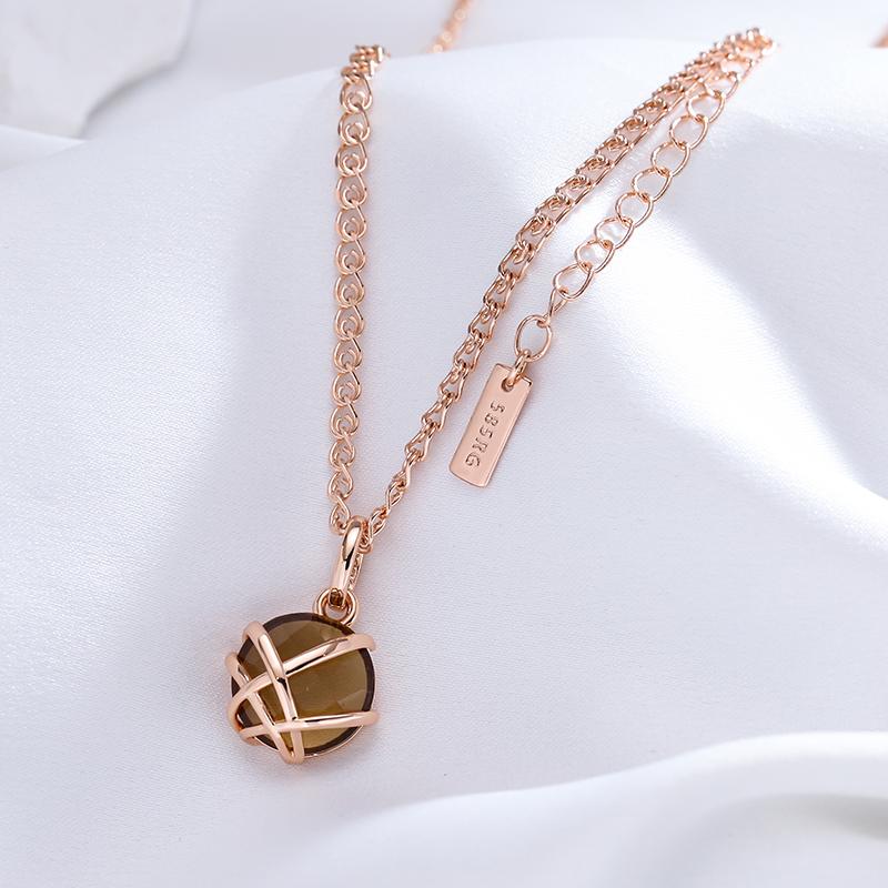 Light Brown Natural Zircon Pendant Necklace Women Luxury  Rose Gold Color Glossy Metal Daily Fine Ethnic Jewelry