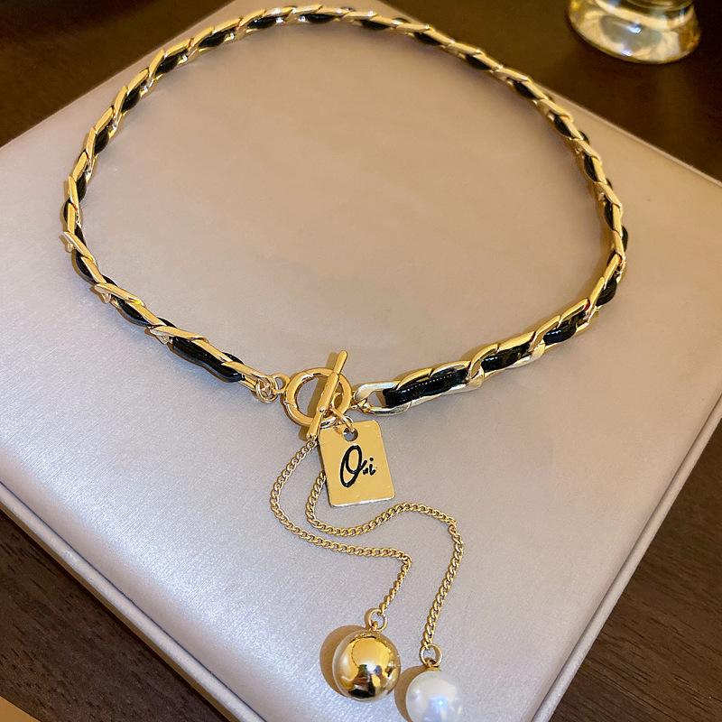 Leather Wrapped Alphabet Square Pearl Tassel Necklace French Light Luxury Premium Clavicle Chain Fashion New Jewelry