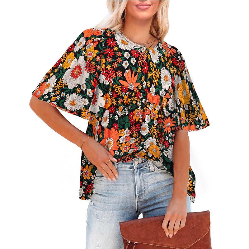 Fashion Ladies Puff Sleeve O Neck Flower Printed Loose Pullover Shirt Blouse Top
