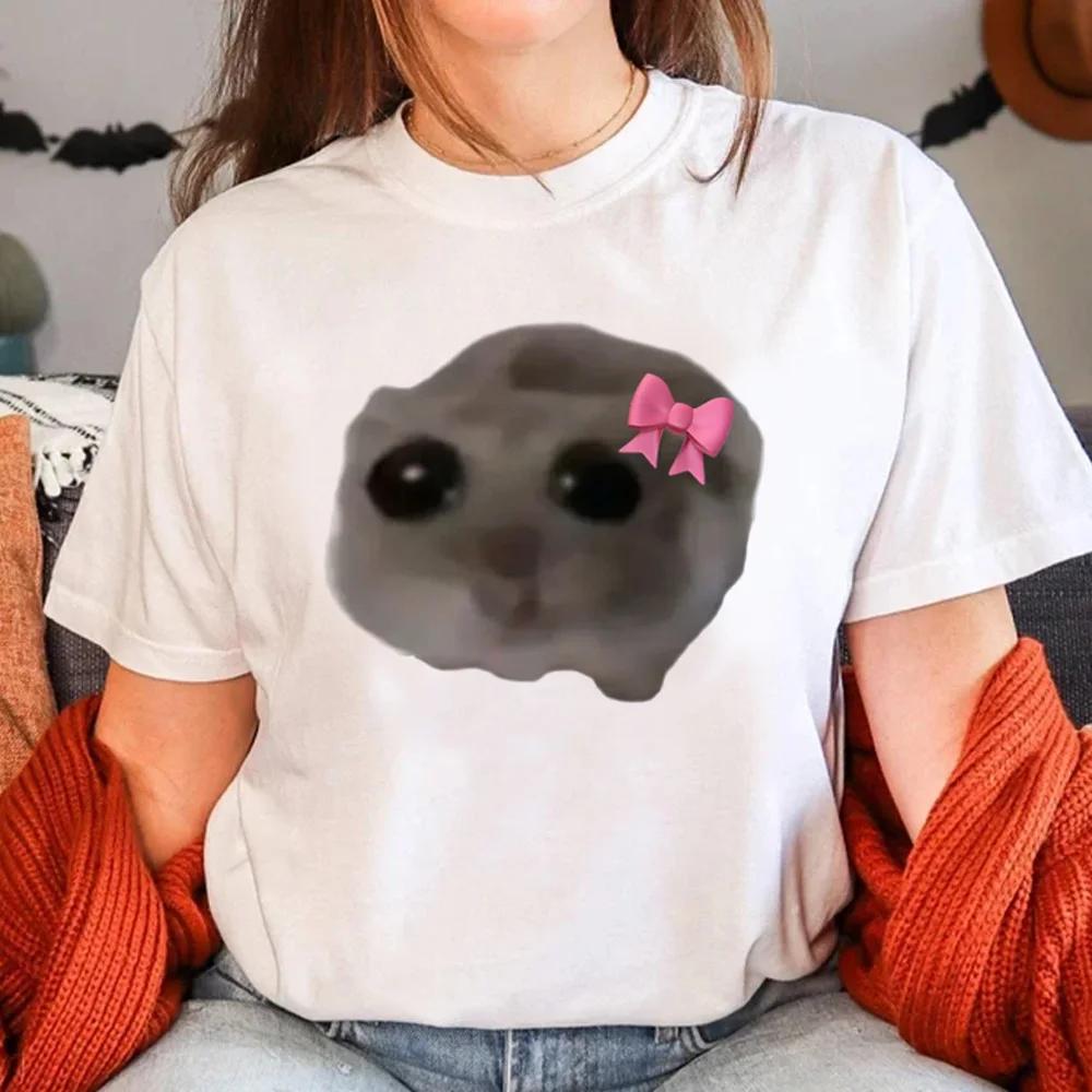 

24ss Девочки Забавная футболка Грустный хомяк Графический принт Одежда Я просто девочка Надпись Топы Юмор Узоры Уличная одежда Белая блузка 4XL