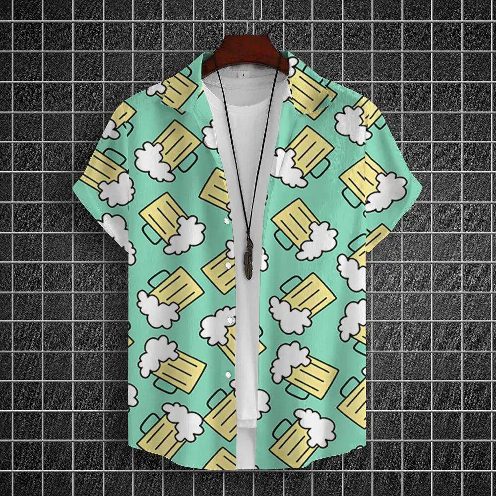 Men's Summer Short Sleeve Hawaiian Shirt Beach Holiday Print Shirt Top 100% Polyester Men's Beer Print Short Sleeve Shirt