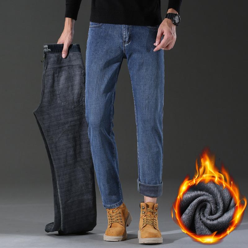 2024 Winter New Men'S Slim Fit Small Straight Leg Denim With Thick Fleece For Warmth And Casual Stretch Long Pants