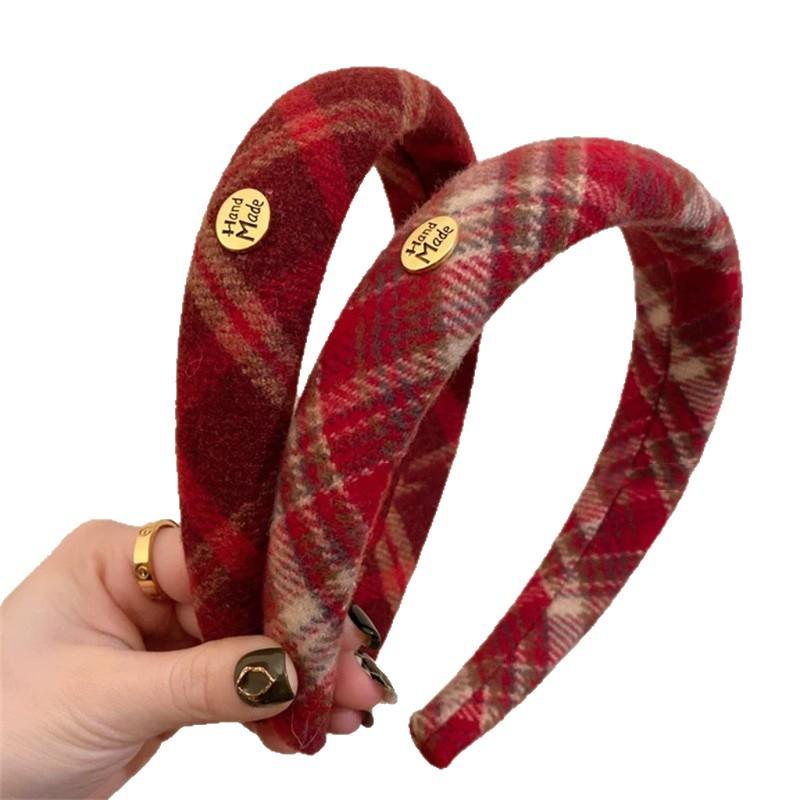 Atmospheric Red Autumn and Winter Plush High Skull Plaid Headband Women's High-end Headband Headwear