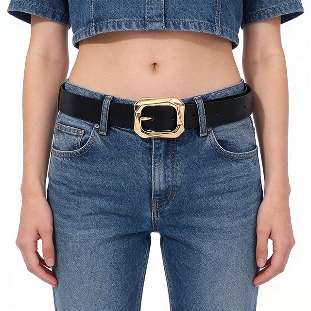 Women's Trendy PU Leather Belt with Square Gold Buckle