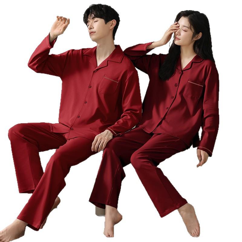 Wedding Couple Red Pajamas Set - Autumn Winter Pure Cotton Long Sleeve Homewear for Him & Her