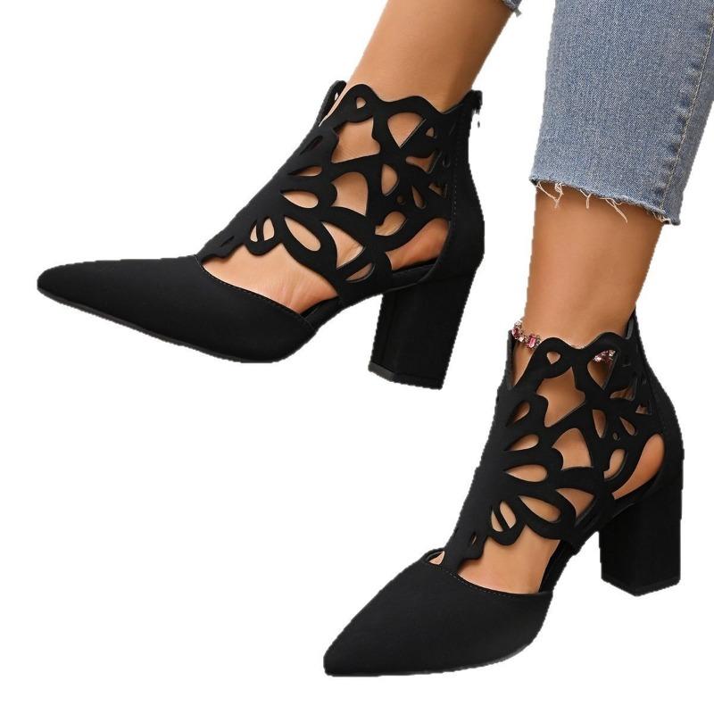 Summer new thick heel high heels women's fashion hollow zipper pointed sandals women's summer bag head cool boots