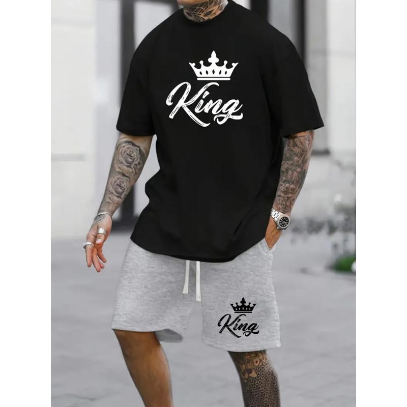 2024 New Summer Shorts Short Sleeve 2 Pieces Fashion Everyday Suit King Letter Print T-Shirt Suit Outdoor Streetwear Sports Suit