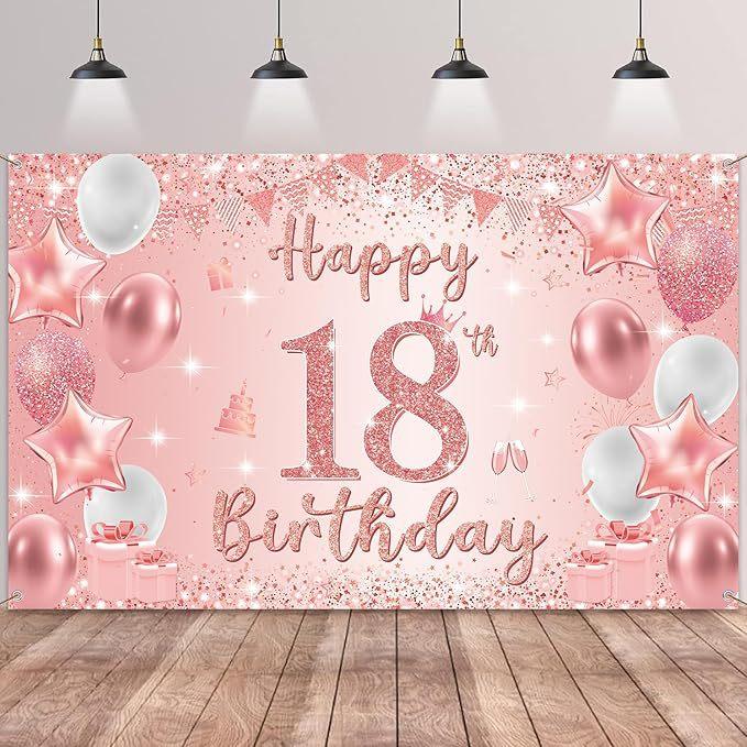 Decorazione per il 18° Compleanno Stendardo di Sfondo Oro Rosa Decorazione per Feste Sfondo Fotografico per Interni ed Esterni
