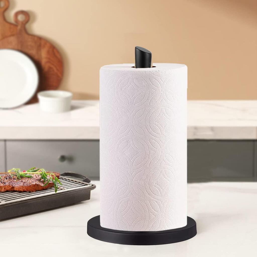 Paper Towel Holder countertop, Free-Standing Kitchen roll Holder for Kitchen Bathroom, Black Paper Towel Holder Stand Dispenser with Stainless Base