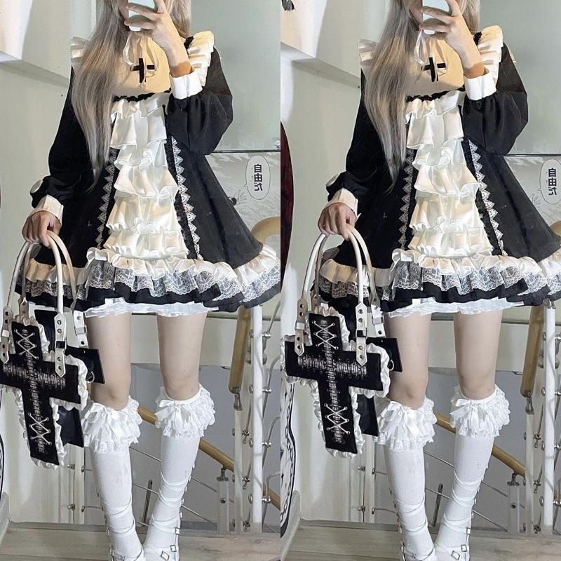 Japanese Gothic Lolita OP Dress Women Kwaii Bow Ruffles Blue White Patchwork Princess Dresses Girl Harajuku Tea Party Mini Dress