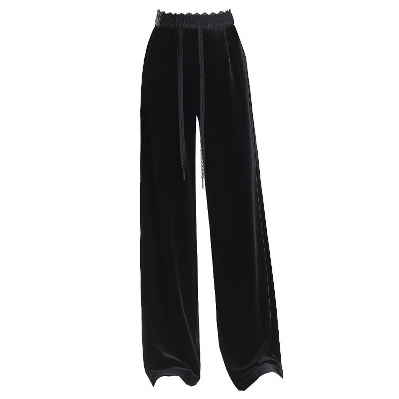 Women's High-Waist Golden Velvet Wide-Leg Pants - Spring/Summer 2026 Collection, Fashionable Black Drapey Casual Style.