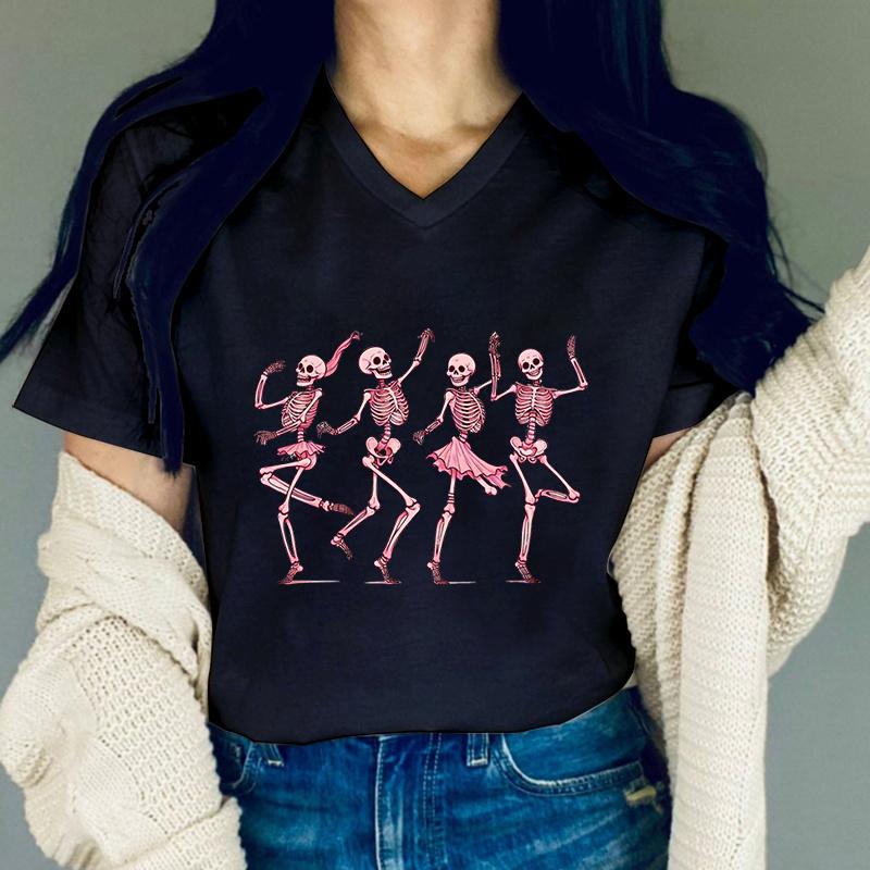 Dancing Skeletons Halloween Women Tshirts Round Neck Pink Skeleton Print Funny Women Clothing Cute Skeletons Halloween TShirt