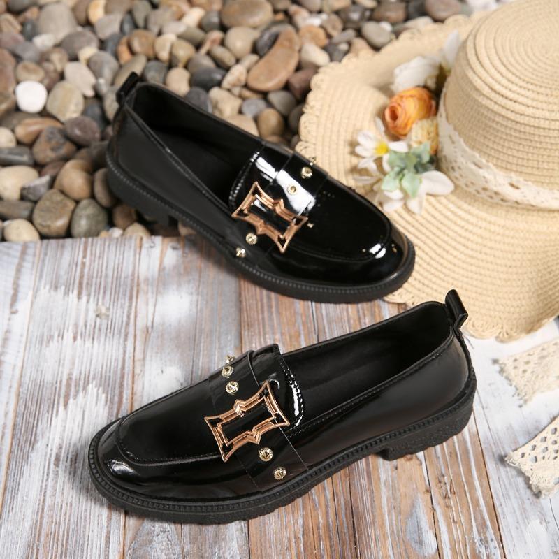

Platform Single Shoes Autumn New Round Toe Deep Mouth Rhinestone Metal Button Soft Sole Non-slip Block Heel Shoes 42 чёрный