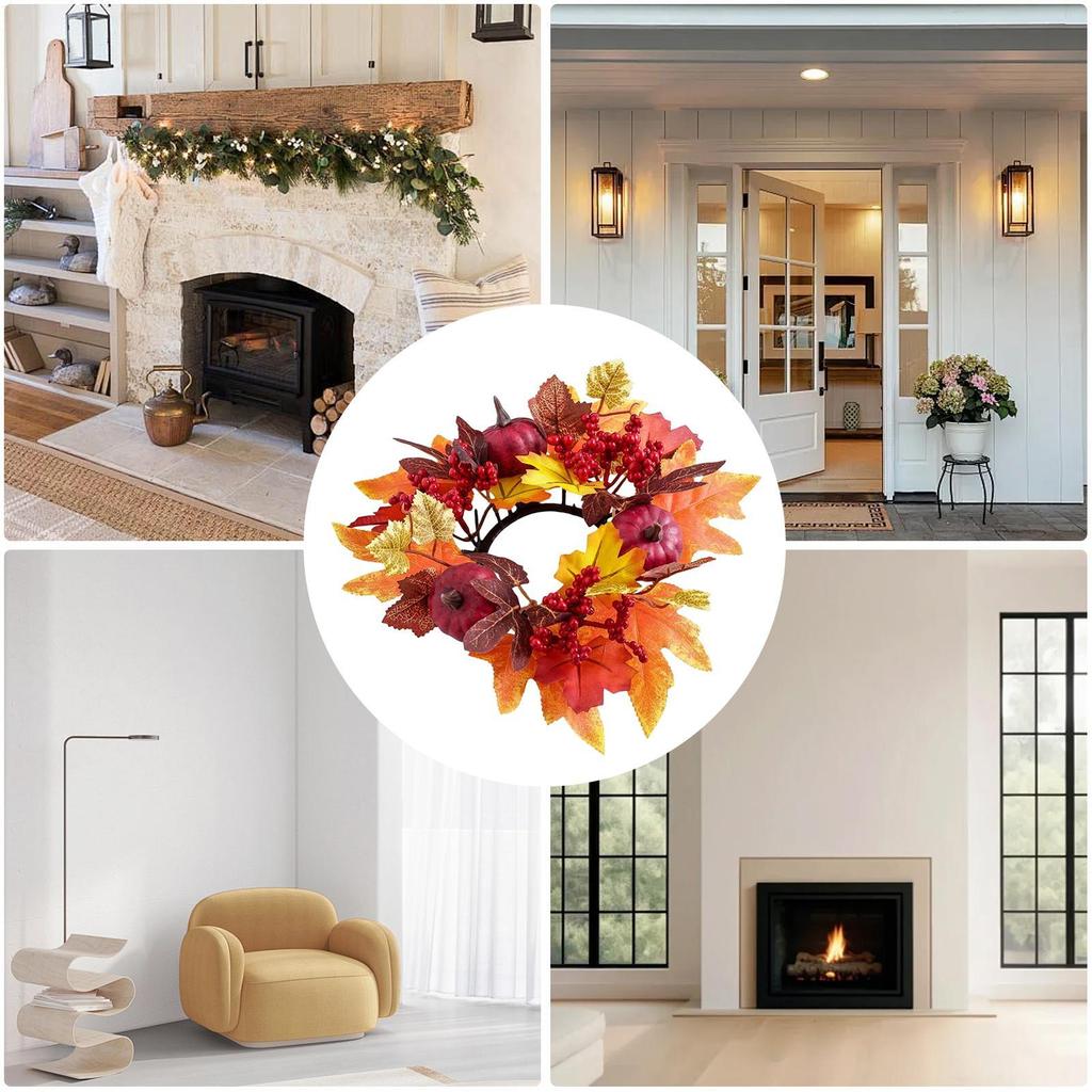 Fall Candle Ring for Pillar Artificial Candle Garland Decor Harvest Maple Leaves Pumpkins Berries Garland for Fall Thanksgiving