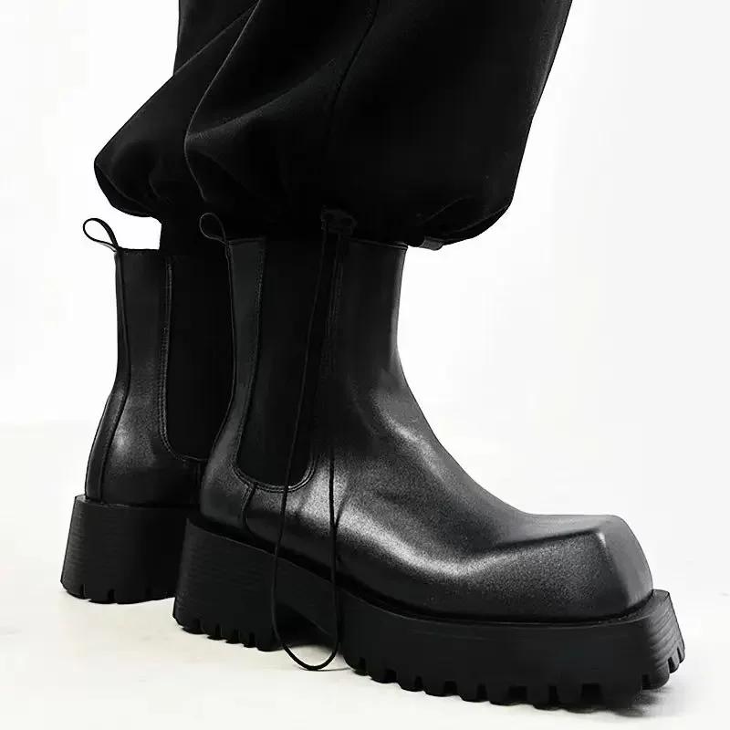 Fashion Square Toe Platform Black Boots Women/men 2025 New Autumn Winter Fashion Ankle Boots Wedges Side Elastic Fabric Slip On Shoes