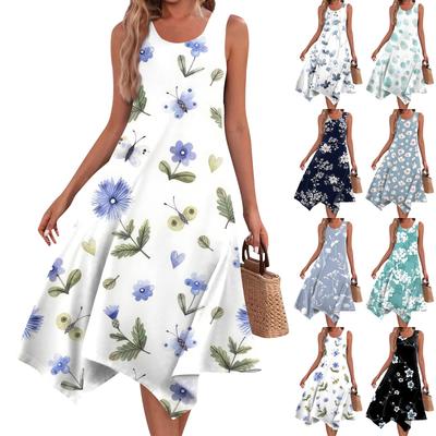 Women's Casual Fashion Round Neck Sleeveless Floral Print Irregular Hem Midi Dress