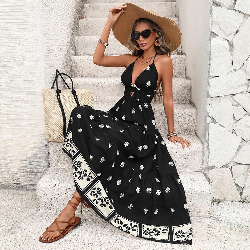 New Summer Sexy Beach Retro Style Wide-sleeved Halter-neck Dress with Backless Strapless Printed Top and Full Skirt