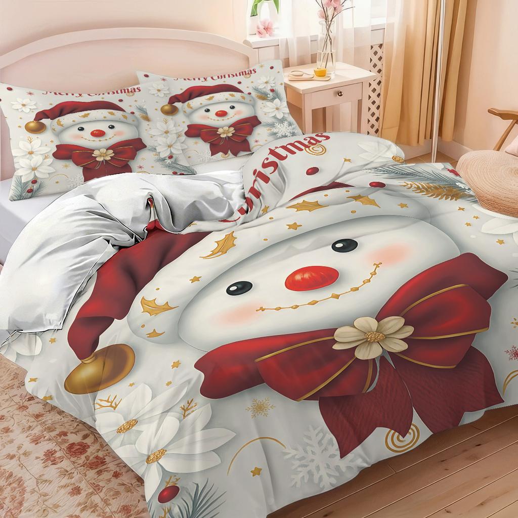 3Pc Christmas Snowman Printed Bedding Set  Coreless Soft Comfortable Multiple Sizes Machine Washable 1 Duvet Cover 2 Pillowcases