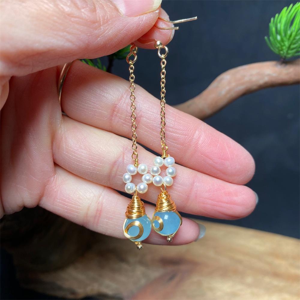 Charm Blue Jade Pearl Flower Tassel Dangle Earrings 14K Gold Vintage Chinese Stone Jade Earrings for Women Trendy Gift Jewelry