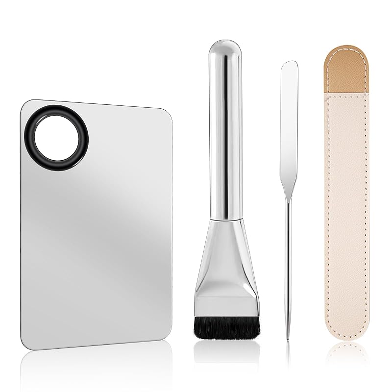 Makeup Mixing Palette with Foundation Brush and Spatula, Stainless Steel Makeup Palette Tray Mixer Nail Art Palette Mixing Tray Silver(4pcs)