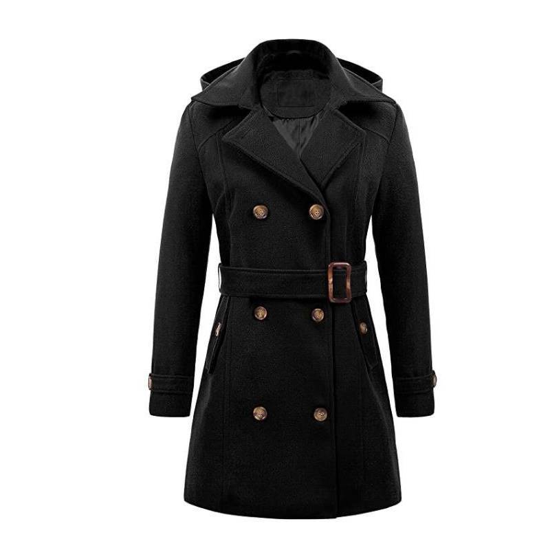 Cappotto da Donna in Lana con Cappuccio e Toppe per Autunno Inverno Abbigliamento Casual