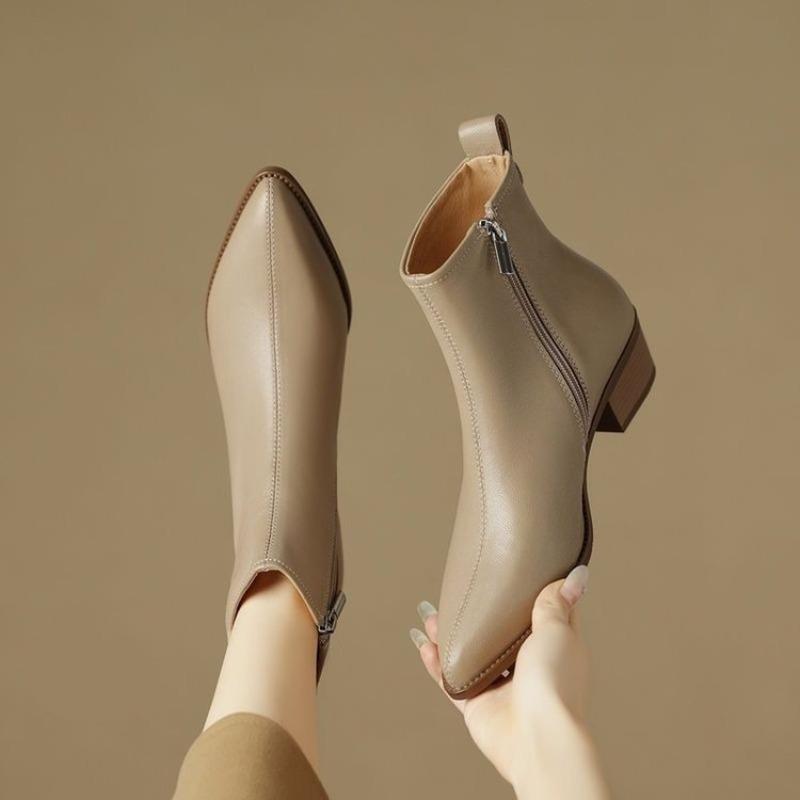 Pointed-toe Shoes, Women's Shoes, Short Boots, New Mid-heel Slimming, Versatile Boots, Soft Leather Single Boots