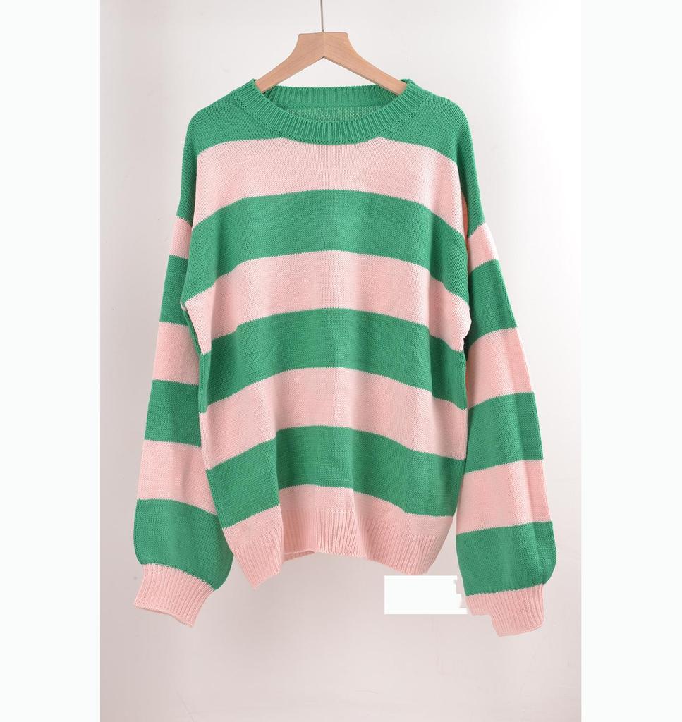 Plus Size Women Striped Spliced Round Neck Pullover Sweater Loose Lazy Autumn Wear