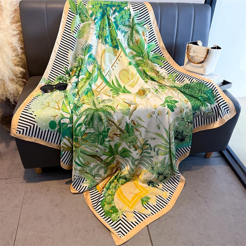 Tropical Jungle Simulation Silk Premium 111cm Large Square Scarf Silk Scarf Printed Shawl Sunscreen Scarf Headscarf Scarf