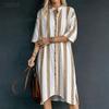 Women Stand Collar 3/4 Sleeve Loose Stripe Shirt Dress